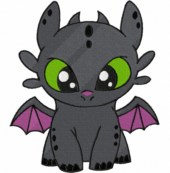 Cute baby dragon embroidery design with big green eyes, fantasy wings, and playful expression