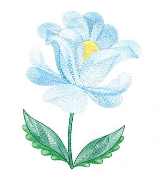 Elegant blue flower embroidery design with soft petals and green leaves, ideal for machine stitching on garments, linens, and home decor