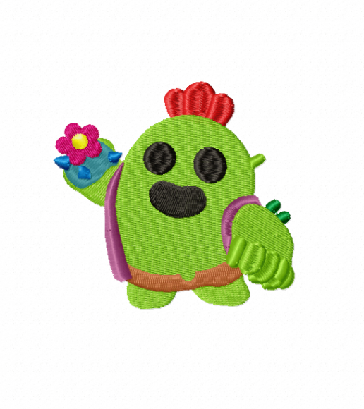 Adorable cactus embroidery design featuring a green cartoon monster with red petals and a pink flower in hand