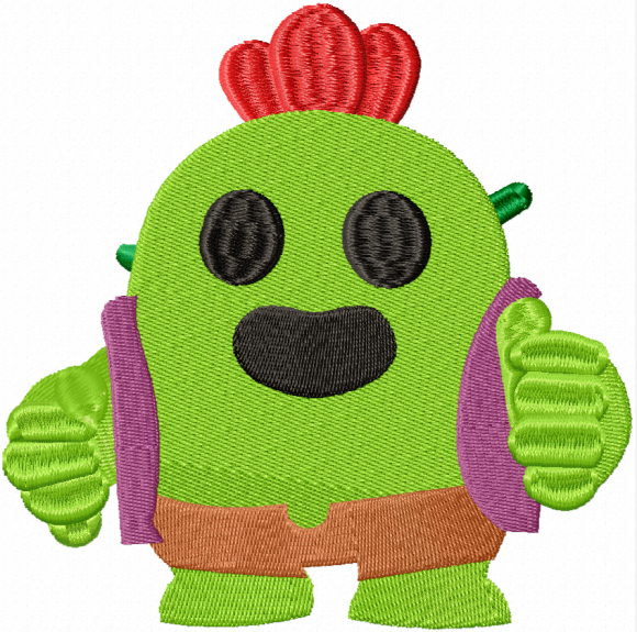 Cute cactus monster embroidery design with red mohawk, green body, and cartoon face for playful kidswear and accessories