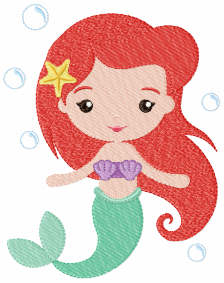 Cute mermaid embroidery design with red hair, purple seashell top, and green tail for machine stitching