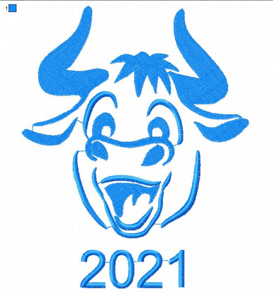 Cartoon bull embroidery design with happy expression and '2021' text, representing the Year of the Ox in a festive blue stitch