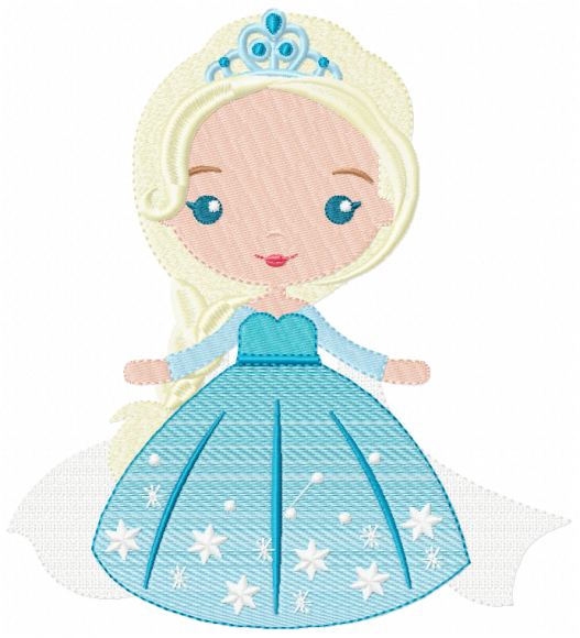 Elegant ice princess embroidery design with snowflake dress and crown for kidswear and winter-themed crafts
