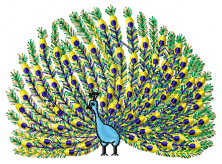 Colorful peacock embroidery design with detailed vibrant feathers for machine embroidery