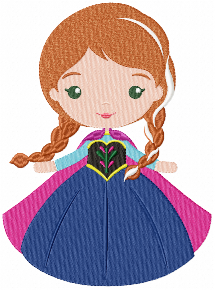 Winter princess embroidery design featuring a girl with braids in a royal blue and pink dress, perfect for kidswear and storybook crafts