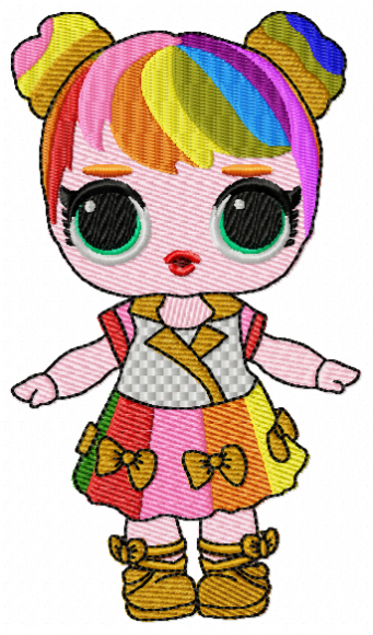 Cute rainbow girl doll embroidery design with colorful hair, bow dress, and big green eyes for machine embroidery projects