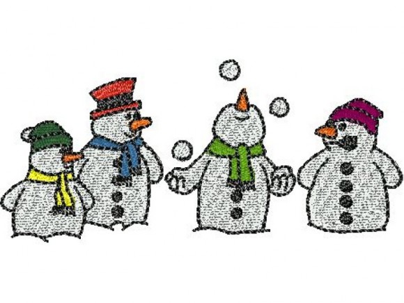 Snowman family embroidery design featuring four cheerful snowmen in winter hats and scarves, one juggling snowballs
